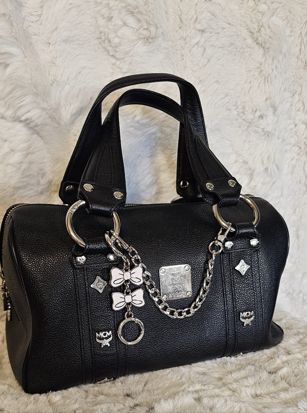 MCM Black Leather Satchel with Silver Hardware